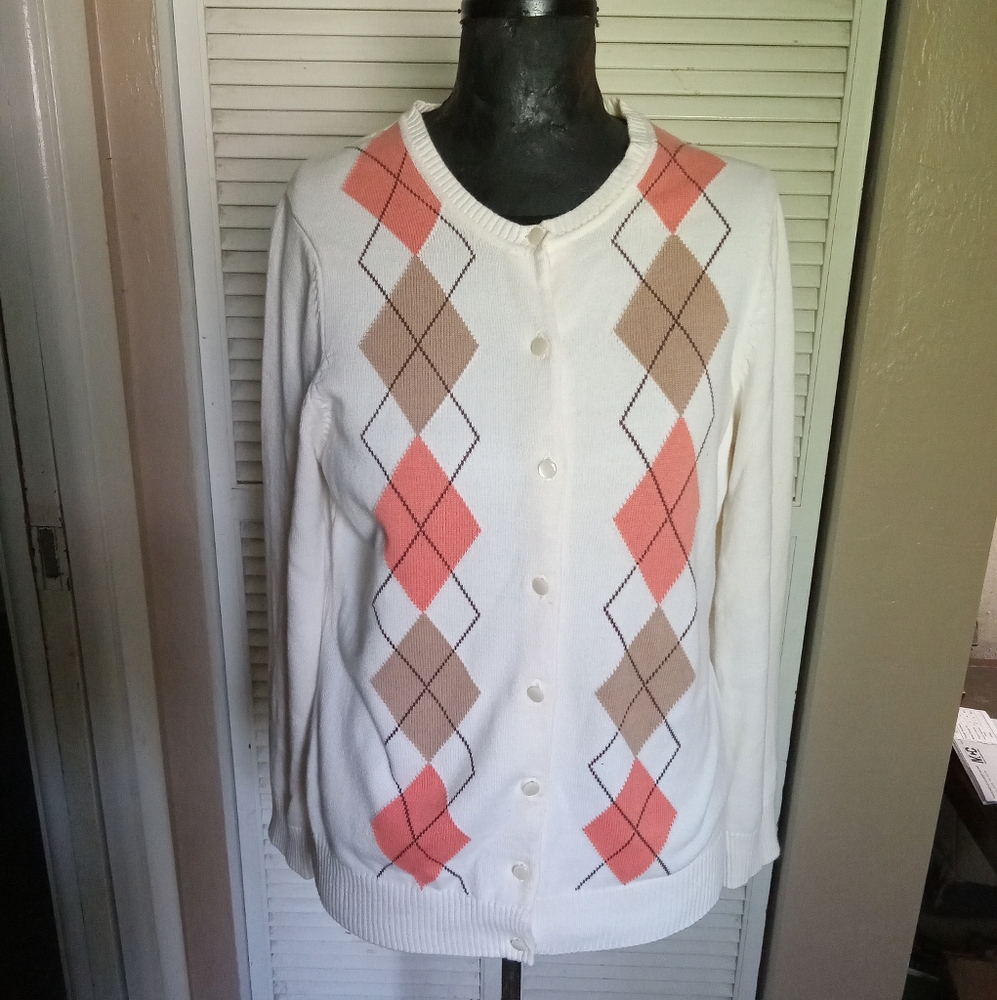 Izod White and Pink Argyle Cardigan Sweater